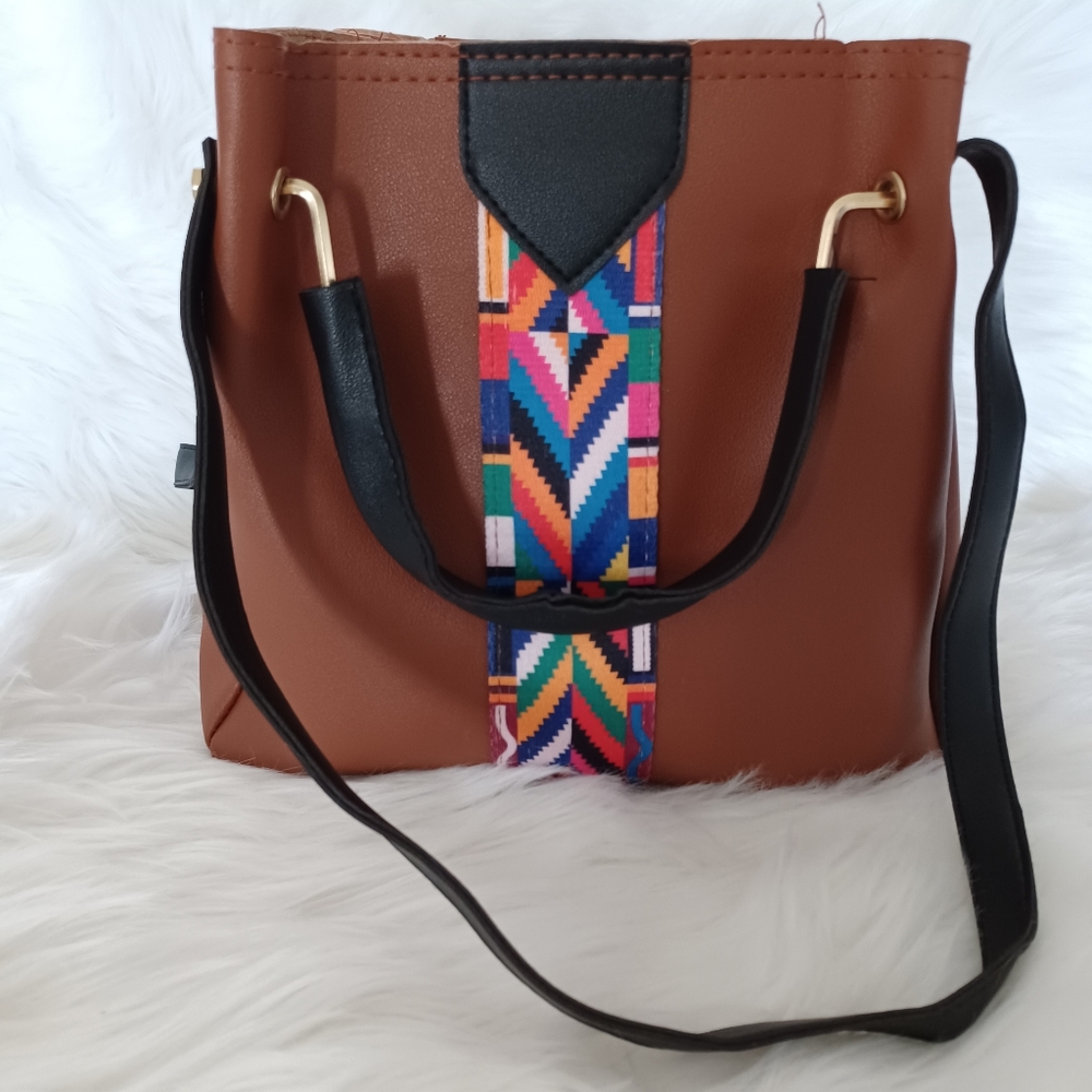 Women | Junior (4pc set) Brown Faux Leather Bucket Shoulder Bag withTribal print